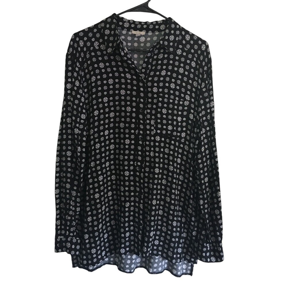 Ecote Top Women's Size Large Black White Geometric Button Up Long Sleeve